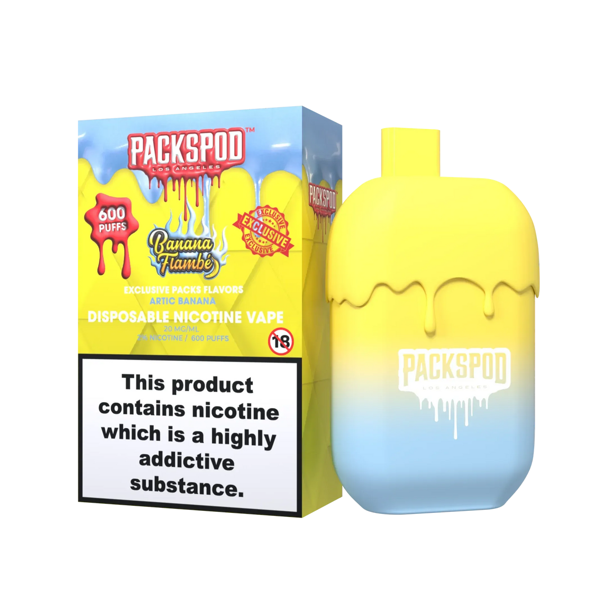 PacksPod 600 Einweg Vape in der Sorte Banana Flambé mit 20mg Nikotinsalz vor weissem Hintergrund.