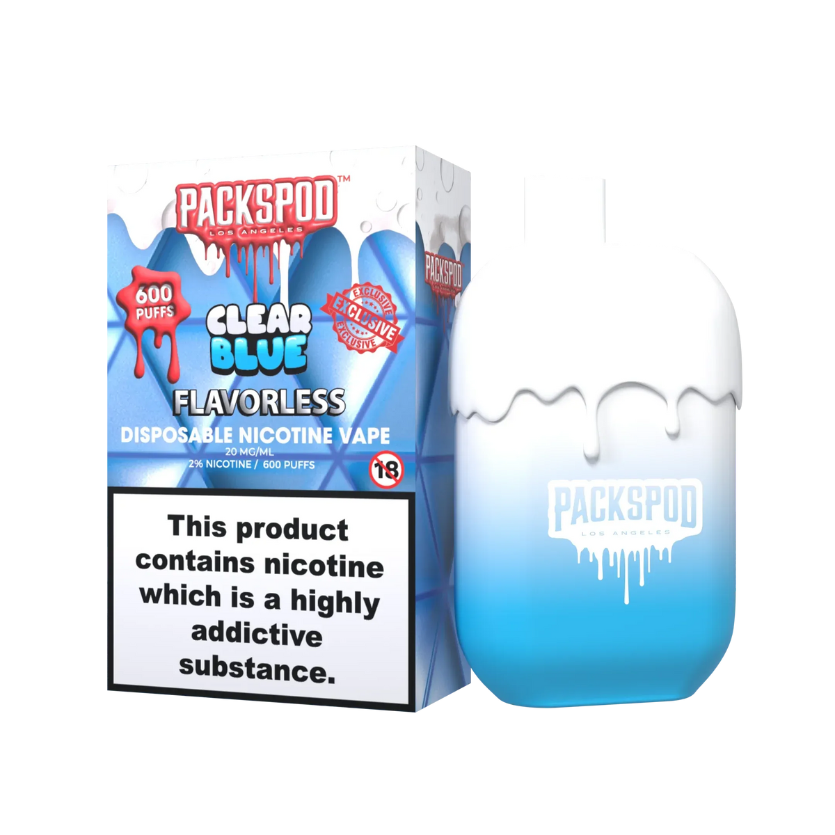 PacksPod 600 Einweg Vape in der Sorte Clear Blue mit 20mg Nikotinsalz vor weissem Hintergrund.