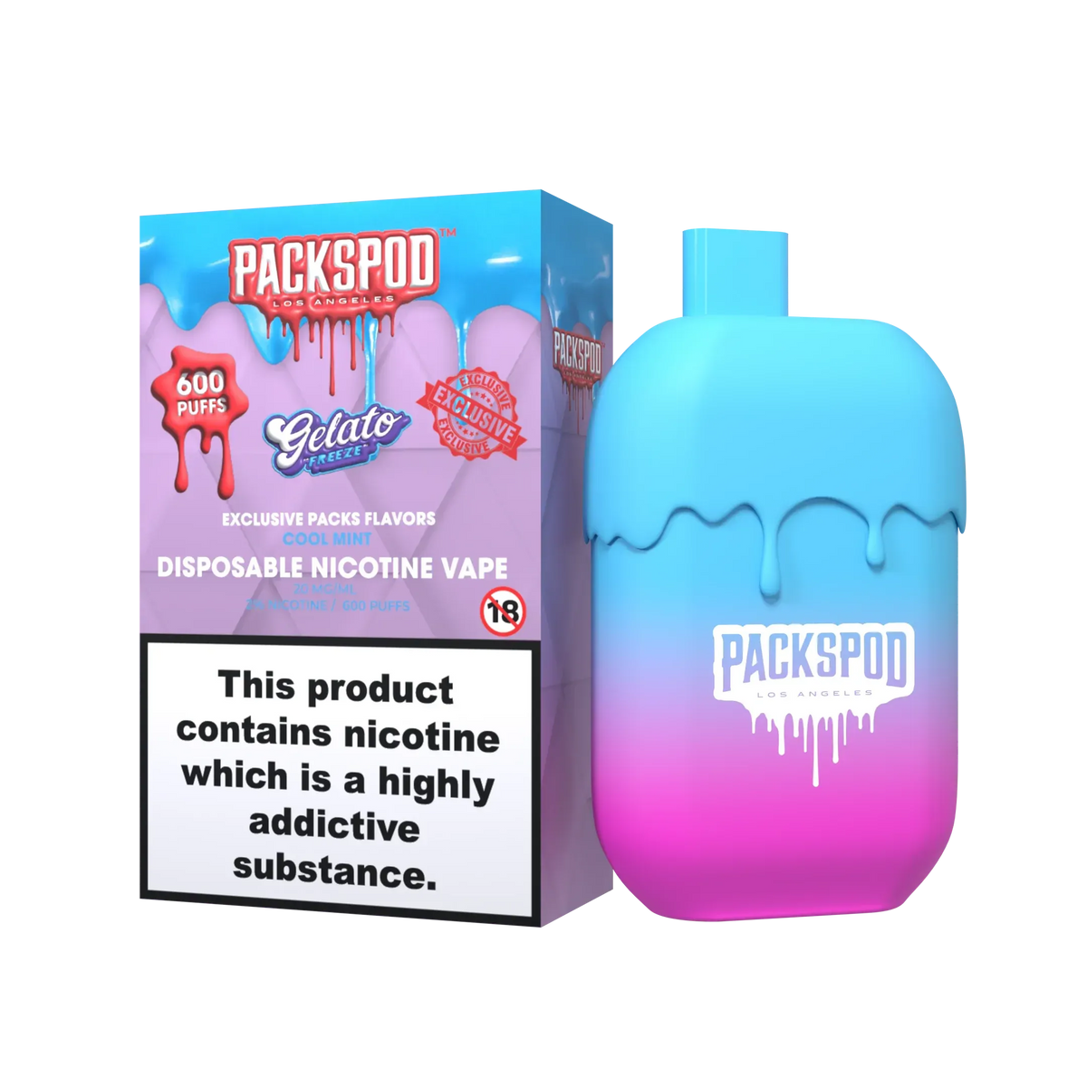 PacksPod 600 Einweg Vape in der Sorte Gelato Freeze mit 20mg Nikotinsalz vor weissem Hintergrund.