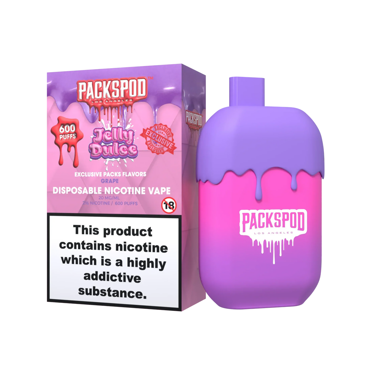 PacksPod 600 Einweg Vape in der Sorte Jelly Dulce mit 20mg Nikotinsalz vor weissem Hintergrund.