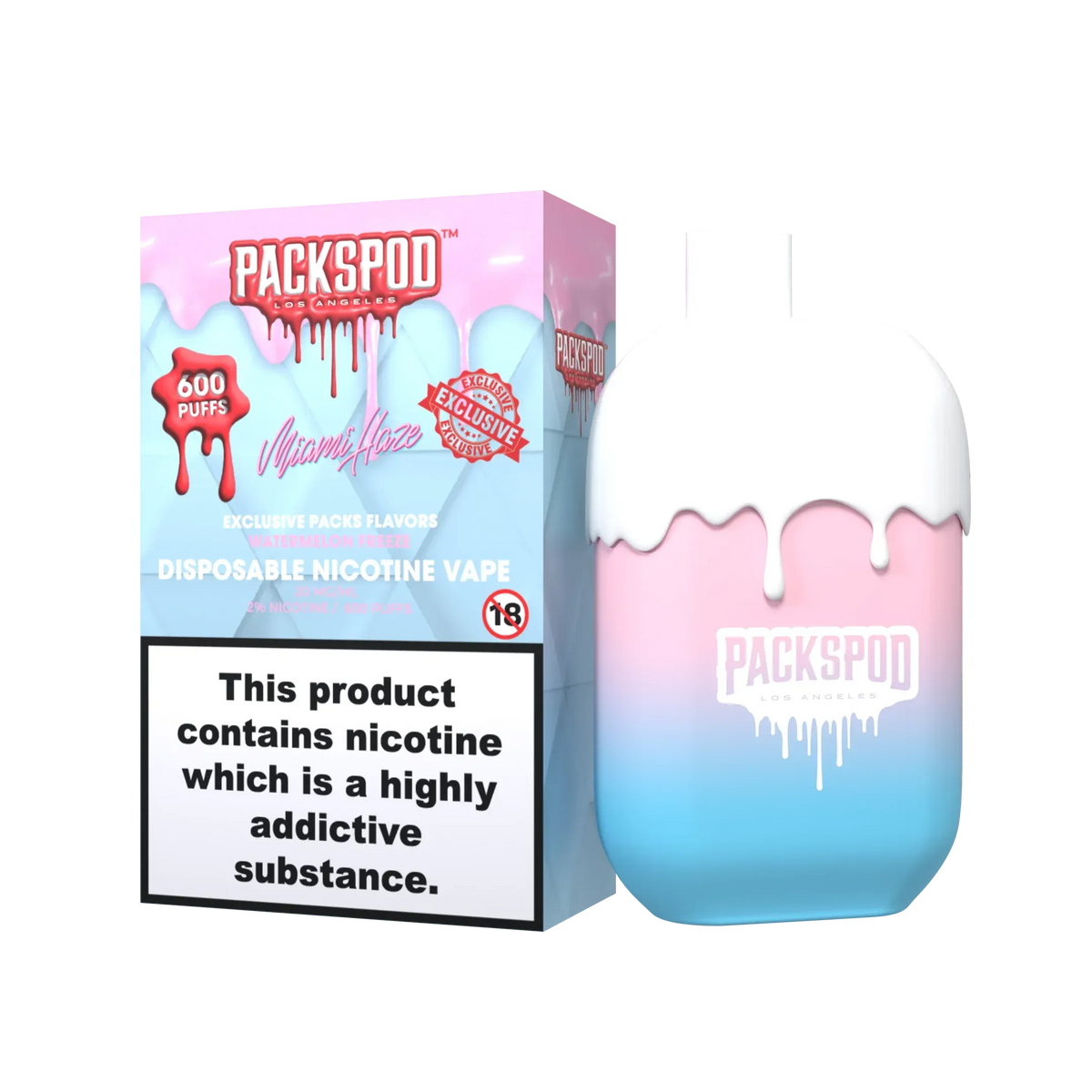 PacksPod 600 Einweg Vape in der Sorte Miami Haze mit 20mg Nikotinsalz vor weissem Hintergrund.