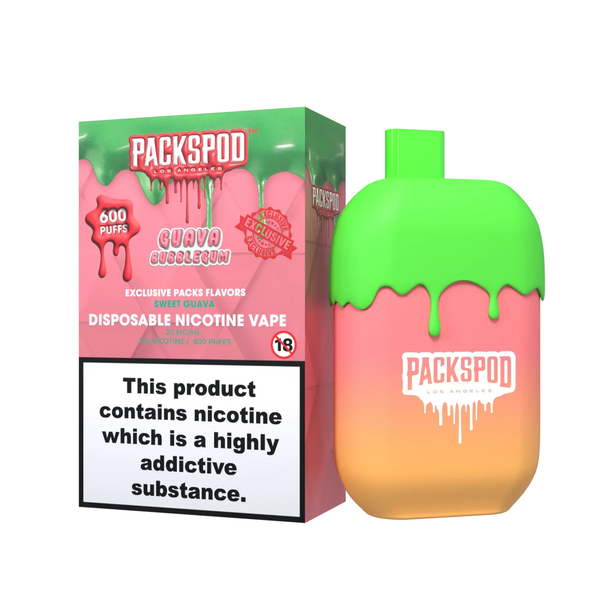 PacksPod 600 Einweg Vape in der Sorte Guava Bubblegum mit 20mg Nikotinsalz vor weissem Hintergrund.