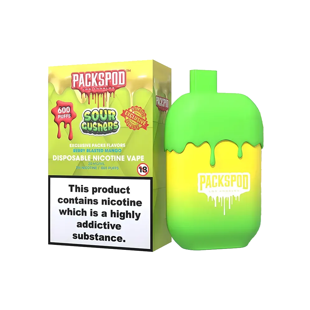 PacksPod 600 Einweg Vape in der Sorte Sour Gushers mit 20mg Nikotinsalz vor weissem Hintergrund.