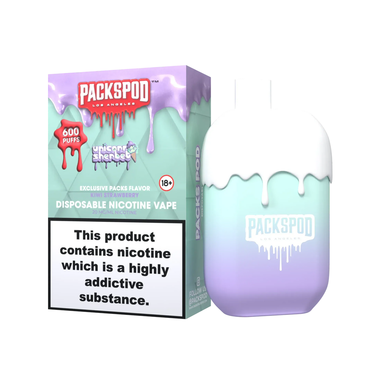 PacksPod 600 Einweg Vape in der Sorte Unicorn Sherbet mit 20mg Nikotinsalz vor weissem Hintergrund.