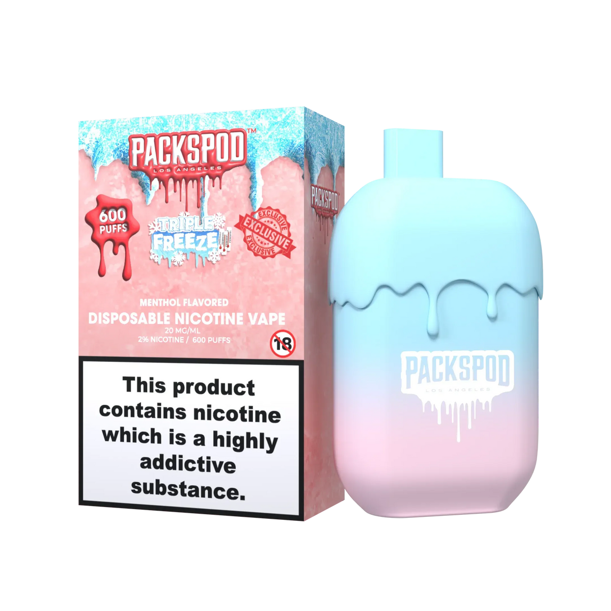 PacksPod 600 Einweg Vape in der Sorte Triple Freeze mit 20mg Nikotinsalz vor weissem Hintergrund.